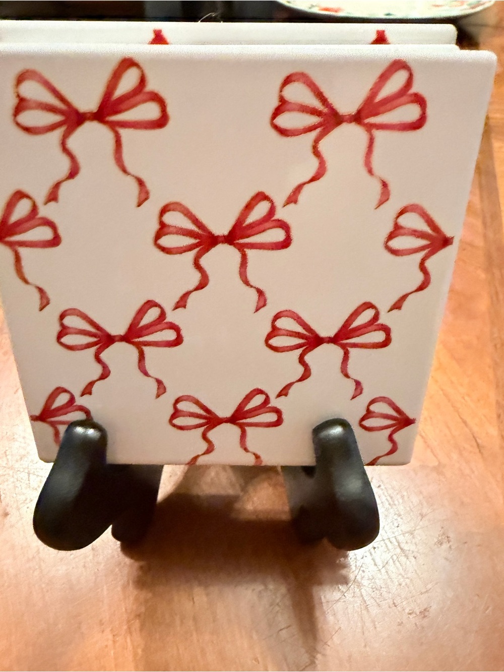 Festive Red Bow Ceramic Tile Coaster - White and Red
